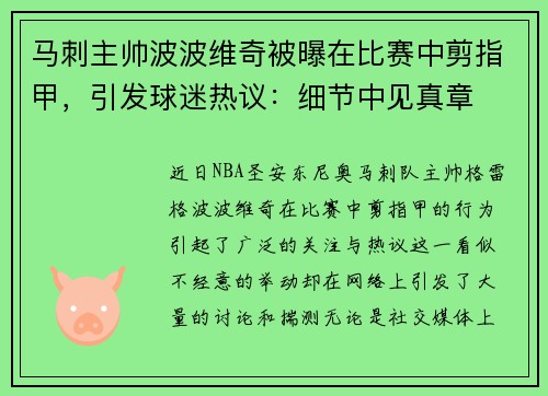 马刺主帅波波维奇被曝在比赛中剪指甲，引发球迷热议：细节中见真章