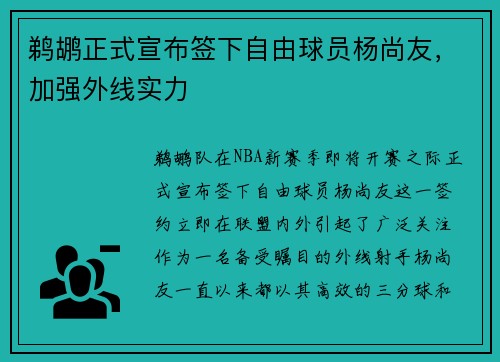 鹈鹕正式宣布签下自由球员杨尚友，加强外线实力