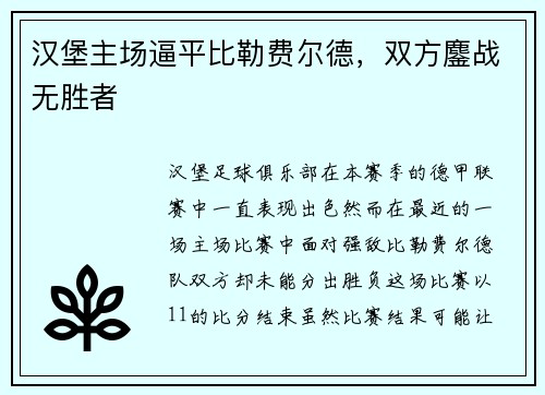 汉堡主场逼平比勒费尔德，双方鏖战无胜者